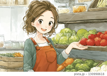 美優シリーズ：フードロス改善 スーパーで規格外野菜を笑顔で選ぶ美優 130998618