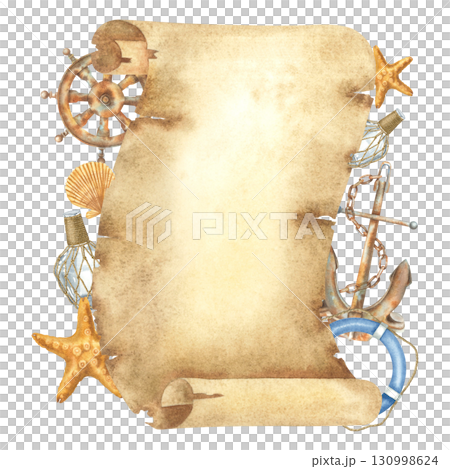 Parchment scroll, life preserver, rusty anchor, helm, starfish, glass bottle. Hand drawn watercolor illustration of composition in nautical style on isolated background. Use for cards and invitations. 130998624