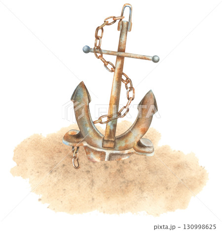 Watercolor rusty anchor on the sand of the sea bottom. A hand drawn illustration of an important part of a ship in marine style on an isolated background. Simple nautical clipart of a shipwreck. 130998625