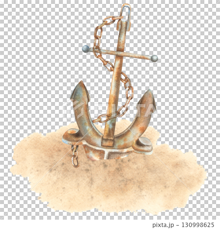 Watercolor rusty anchor on the sand of the sea bottom. A hand drawn illustration of an important part of a ship in marine style on an isolated background. Simple nautical clipart of a shipwreck. 130998625