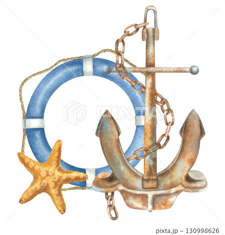 Anchor, lifebuoy and starfish. Hand drawn watercolor illustration of marine themes attributes on isolated background. Nautical themed composition ideal for maritime, travel or adventure design. 130998626