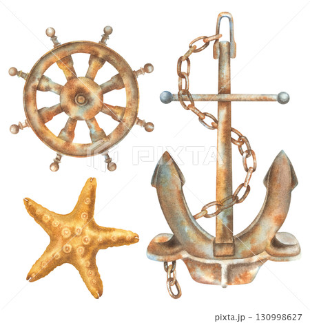 Anchor, steering wheel and starfish. Hand drawn watercolor illustration of marine themes attributes on isolated background. Nautical themed set ideal for maritime, travel or adventure design. Anchor, steering wheel and starfish. Hand drawn watercolor illustration of marine themes attributes on isolated background. Nautical themed set ideal for maritime, travel or adventure design. 130998627