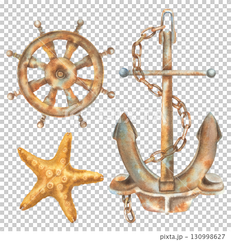 Anchor, steering wheel and starfish. Hand drawn watercolor illustration of marine themes attributes on isolated background. Nautical themed set ideal for maritime, travel or adventure design. 130998627