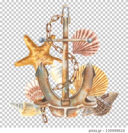 Rusty stell anchor with seashells. Hand drawn watercolor illustration of marine themes attributes on isolated background. Composition ideal for nautical stickers design, party decorations, stationery. 130998628