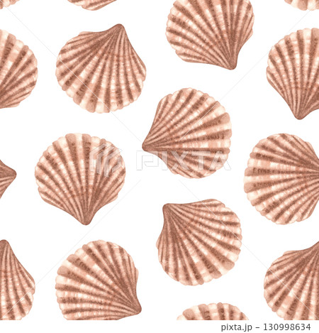 Seamless pattern with scallop. Hand drawn watercolor illustration of marine bivalve mollusk in shell on white background. Art of Seashell for nursery wallpaper, wraping paper, marine style decor. 130998634
