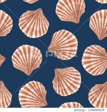 Seamless pattern with scallop. Hand drawn watercolor illustration of marine bivalve mollusk in shell on dark blue background. Art of Seashell for nursery wallpaper, wrapping paper, marine style decor. 130998639