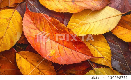 《AI画像》紅葉した落ち葉が積み重なる秋のイメージの背景素材 130998771