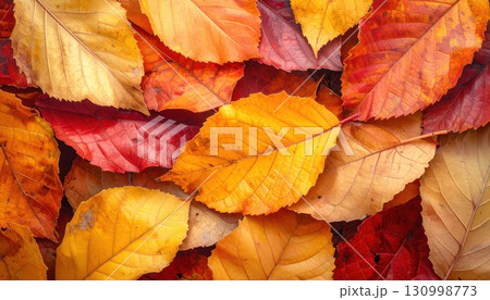 《AI画像》紅葉した落ち葉が積み重なる秋のイメージの背景素材 130998773