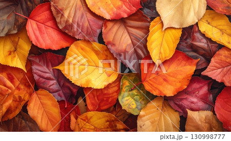 《AI画像》紅葉した落ち葉が積み重なる秋のイメージの背景素材 130998777