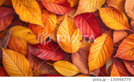 《AI画像》紅葉した落ち葉が積み重なる秋のイメージの背景素材 130998779