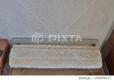 Sept 13 2025 Concrete Block with Danger Cable Sign in a Display Setting Sept 13 2025 Concrete Block with Danger Cable Sign in a Display Setting 130999127