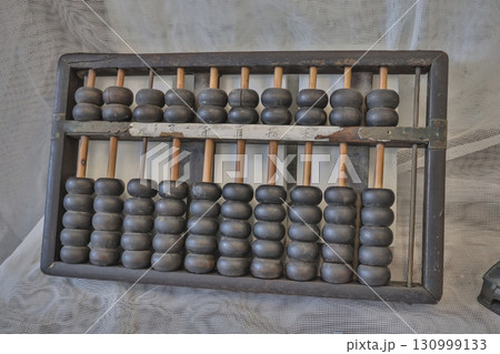 Sept 13 2025 Vintage Wooden Abacus with Dark Beads on Mesh Textile Background Sept 13 2025 Vintage Wooden Abacus with Dark Beads on Mesh Textile Background 130999133