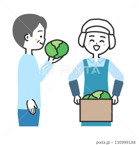 キャベツを持つ男性と衛生帽をかぶってエプロンを付けた女性イラスト 130999188