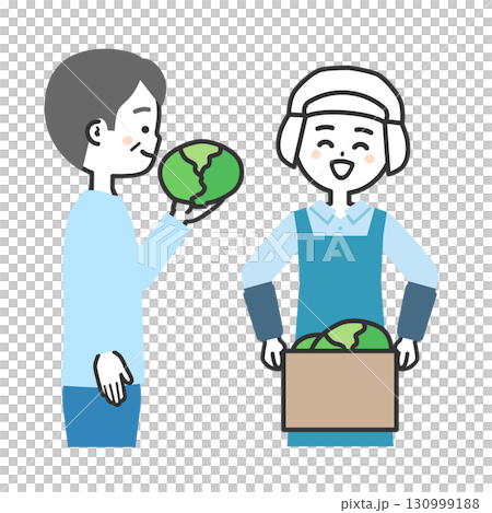 キャベツを持つ男性と衛生帽をかぶってエプロンを付けた女性イラスト 130999188