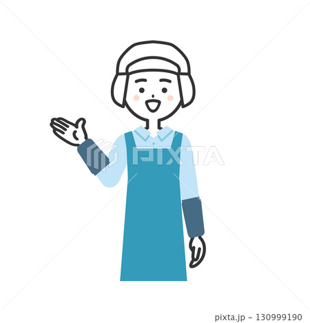 手で指す衛生帽をかぶってエプロンを付けた女性イラスト 130999190