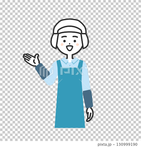 手で指す衛生帽をかぶってエプロンを付けた女性イラスト 130999190
