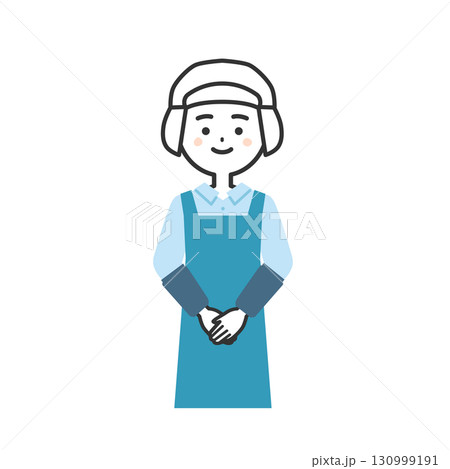 手を前で組む衛生帽をかぶってエプロンを付けた女性イラスト 130999191
