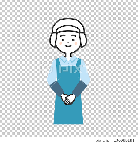手を前で組む衛生帽をかぶってエプロンを付けた女性イラスト 130999191