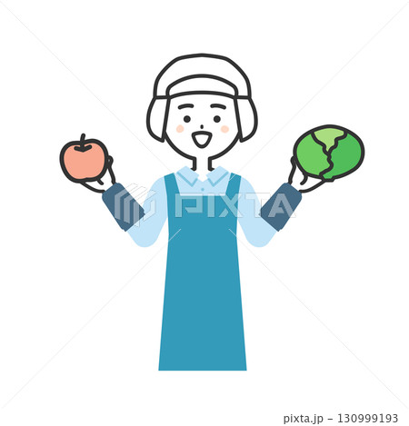 果物と野菜を持つ衛生帽をかぶってエプロンを付けた女性イラスト 130999193
