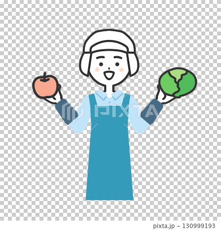果物と野菜を持つ衛生帽をかぶってエプロンを付けた女性イラスト 130999193