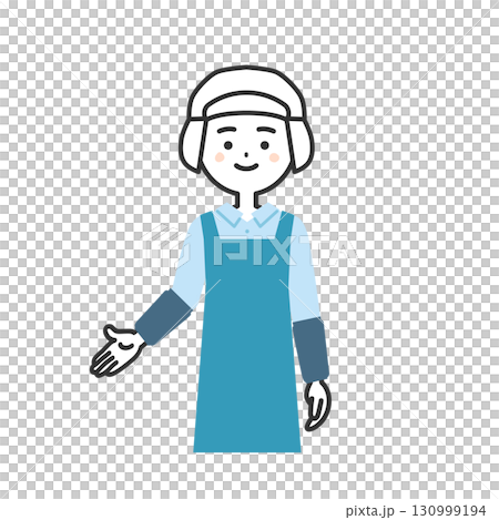 Illustration of a woman wearing a sanitary cap and apron pointing downwards 130999194