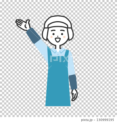 手で上のほうを指す衛生帽をかぶってエプロンを付けた女性イラスト 130999195