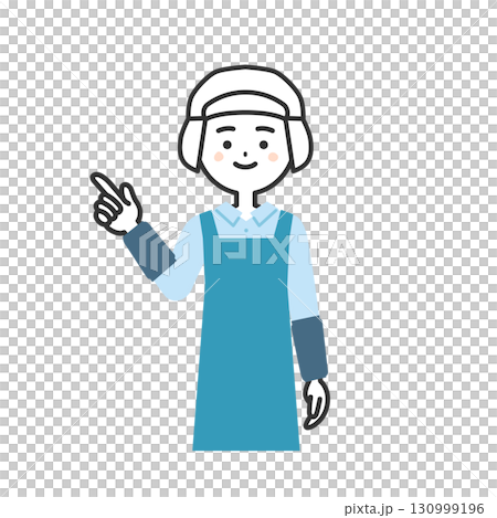 指を立てる衛生帽をかぶってエプロンを付けた女性イラスト 130999196