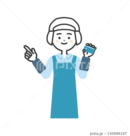 カードを持って指を立てる衛生帽をかぶってエプロンを付けた女性イラスト カードを持って指を立てる衛生帽をかぶってエプロンを付けた女性イラスト 130999197