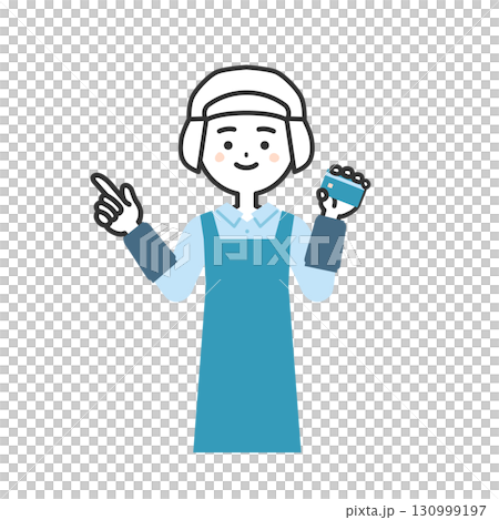 Illustration of a woman wearing a sanitary cap and apron holding a card and pointing up Illustration of a woman wearing a sanitary cap and apron holding a card and pointing up 130999197