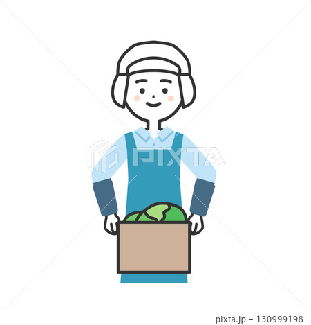 野菜の入った箱を持つ衛生帽をかぶってエプロンを付けた女性イラスト 130999198
