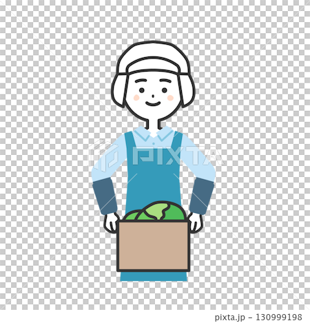 野菜の入った箱を持つ衛生帽をかぶってエプロンを付けた女性イラスト 130999198