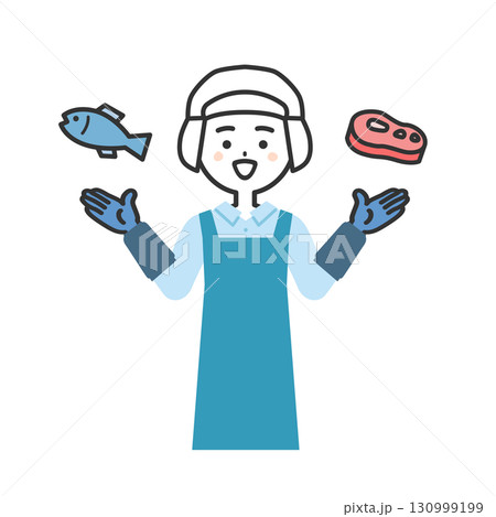肉と魚を手で指す衛生帽をかぶってエプロンを付けた女性イラスト 肉と魚を手で指す衛生帽をかぶってエプロンを付けた女性イラスト 130999199