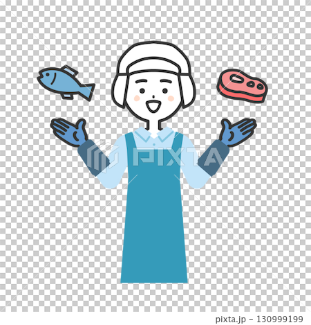 Illustration of a woman wearing a hygiene cap and apron pointing at meat and fish Illustration of a woman wearing a hygiene cap and apron pointing at meat and fish 130999199