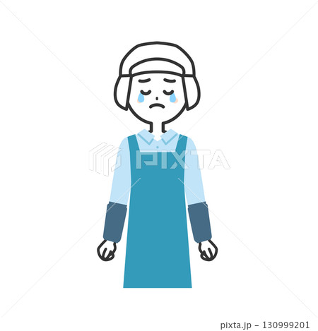 涙を流す衛生帽をかぶってエプロンを付けた女性イラスト 涙を流す衛生帽をかぶってエプロンを付けた女性イラスト 130999201
