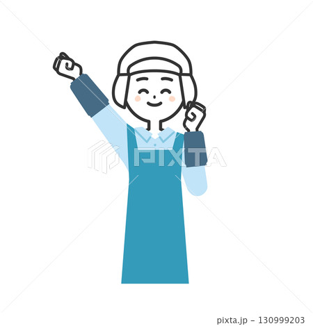 ガッツポーズをする衛生帽をかぶってエプロンを付けた女性イラスト 130999203