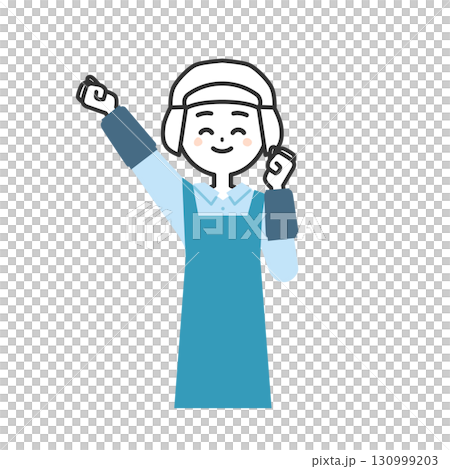 ガッツポーズをする衛生帽をかぶってエプロンを付けた女性イラスト 130999203