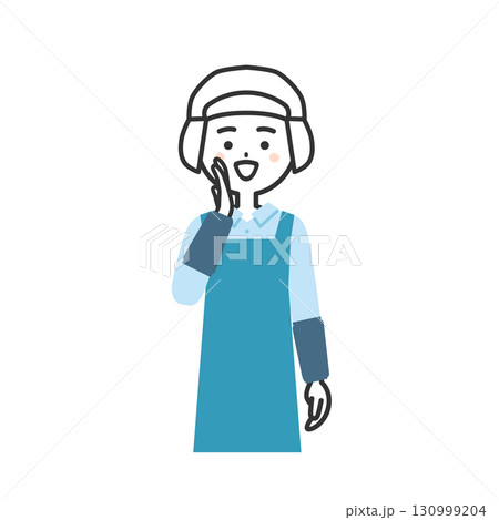 手を口に当てて呼ぶ衛生帽をかぶってエプロンを付けた女性イラスト 130999204