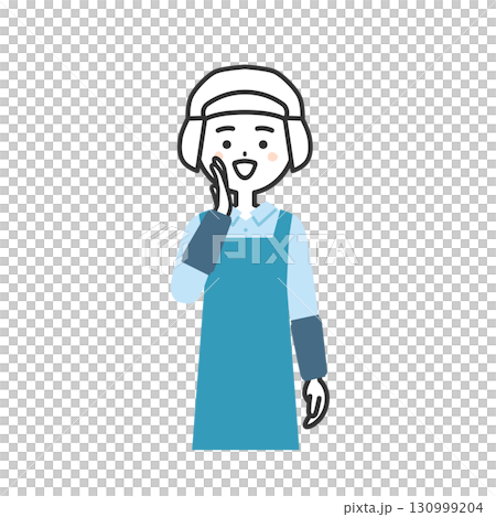手を口に当てて呼ぶ衛生帽をかぶってエプロンを付けた女性イラスト 130999204