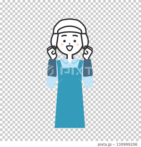 Illustration of a woman wearing a hygiene cap and apron making a fist pump with both hands 130999206