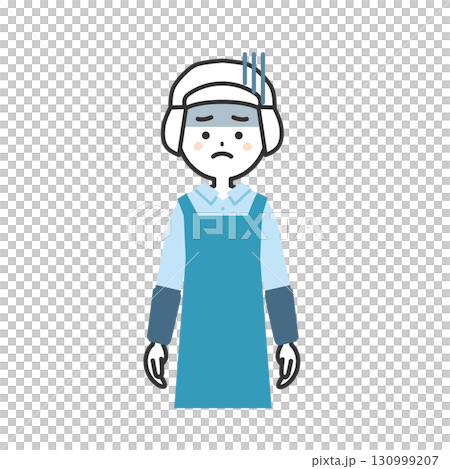 一位戴著衛生帽和圍裙、表情呆滯的女性插圖 130999207