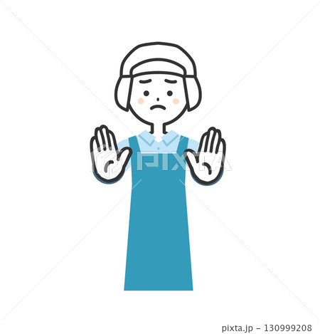 両手で制止する衛生帽をかぶってエプロンを付けた女性イラスト 130999208