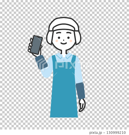 スマホを持つ衛生帽をかぶってエプロンを付けた女性イラスト 130999210