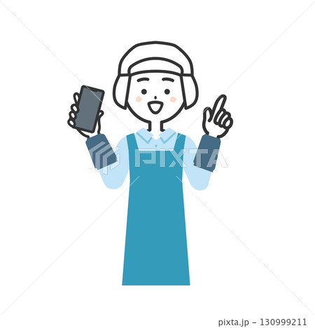 スマホをもって指を立てる衛生帽をかぶってエプロンを付けた女性イラスト スマホをもって指を立てる衛生帽をかぶってエプロンを付けた女性イラスト 130999211