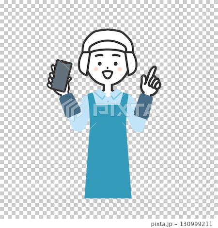 圖：一位戴著衛生帽和圍裙的女性，手裡拿著智慧型手機，手指向上 130999211