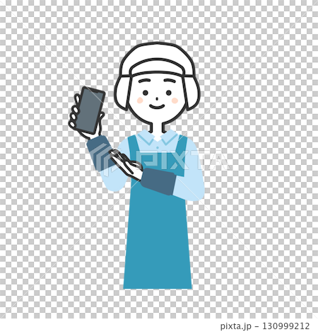Illustration of a woman wearing a sanitary cap and apron pointing at a smartphone 130999212
