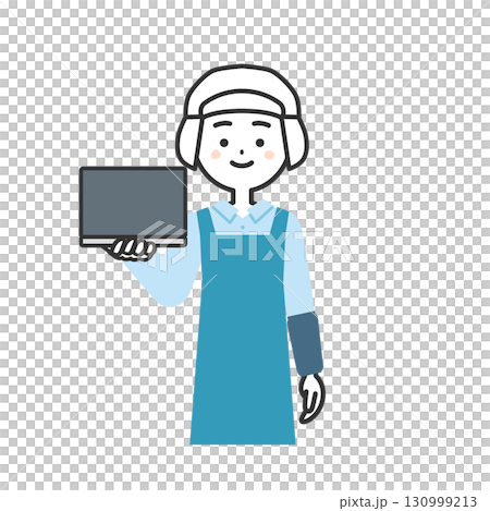 一位戴著衛生帽和圍裙、手裡拿著筆記型電腦的女士的插圖 130999213