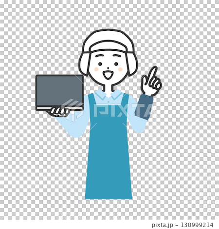 一位戴著衛生帽和圍裙、手裡拿著筆記型電腦的女士的插圖 130999214