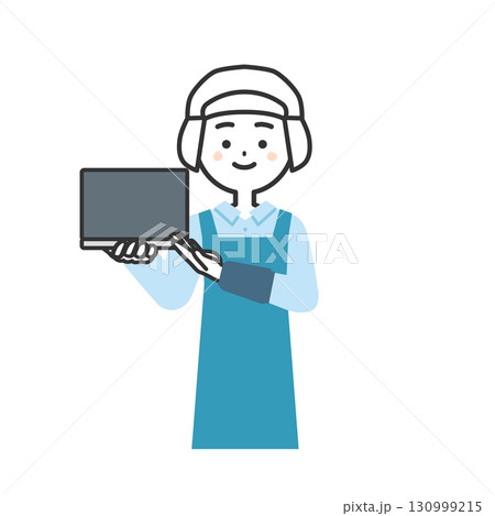 ノートパソコンを持つ衛生帽をかぶってエプロンを付けた女性イラスト 130999215