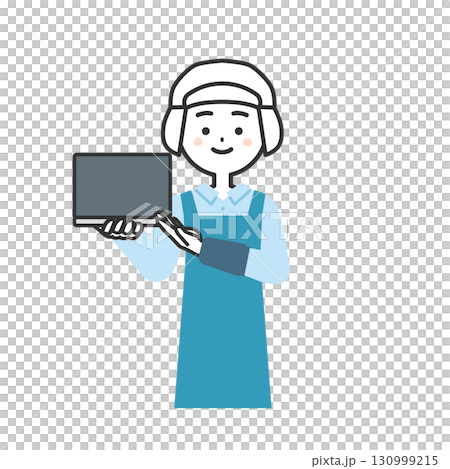 ノートパソコンを持つ衛生帽をかぶってエプロンを付けた女性イラスト 130999215