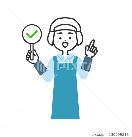 チェックマークの札を持つ衛生帽をかぶってエプロンを付けた女性イラスト 130999218